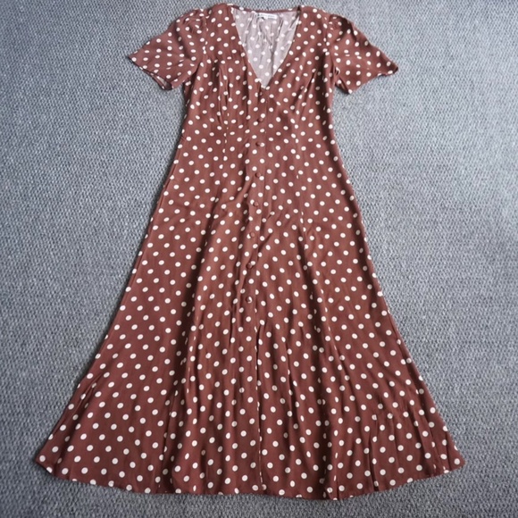 NEW Reformation Locklin French Midi Dress - Au Lait Chocolate Polka Dots - Picture 3 of 8